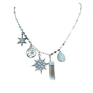 Celestial Charm Silver Tone Necklace Bar Chain Slide Clasp Clear Rhinestone Adj